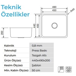 Crauf Lavello 3050 Tezgah Altı Mat Gri (530.1425.3050.24) - 2