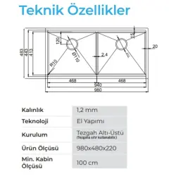 Crauf Vertice 4898A İkiz Eviye Pvd Bakır Renk (537.1424.4898.24) - 2