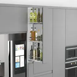 Starax 15cm Çift Açılım Gizli Raylı 3 Sepetli Ahşap Tabanlı Şişelik Krom Renk (S-2917-C) - 1